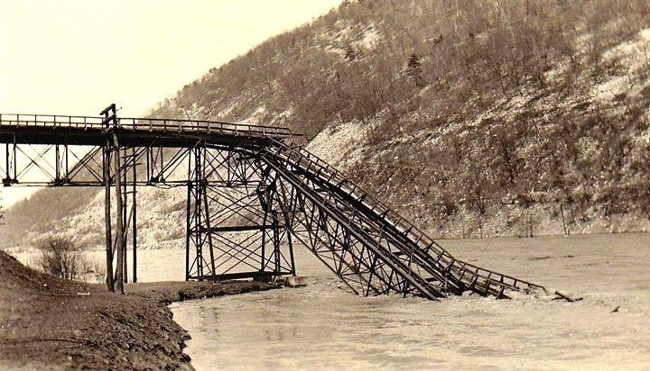 Collapsed Harbison-Walker dinky bridge in the Juniata River after the 1936 flood