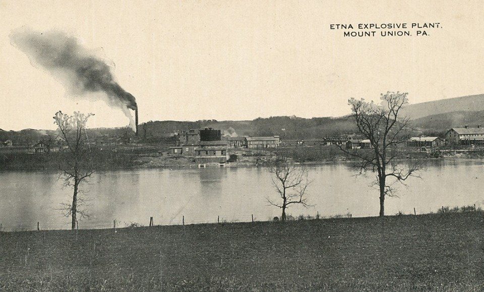 Historic postcard view of the explosive plant across the Juniata River at Mount Union