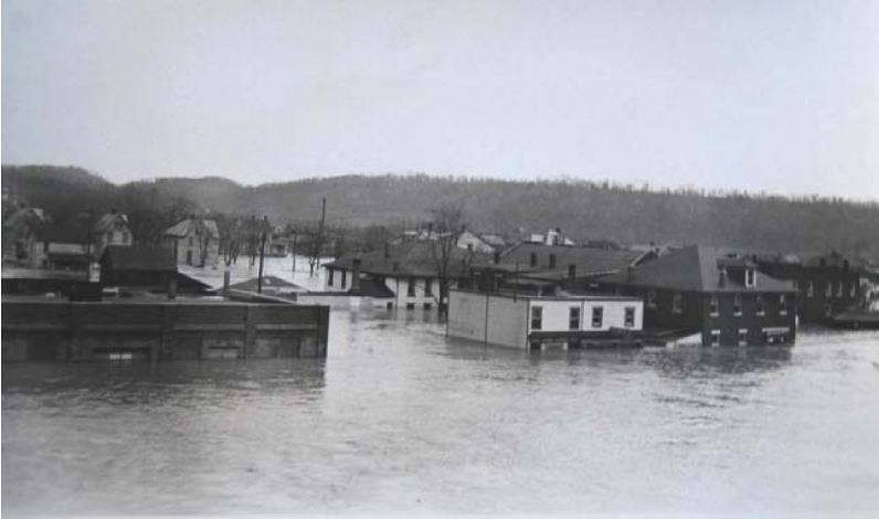Floodwater surrounding buildings in Mount Union on March 17, 1936