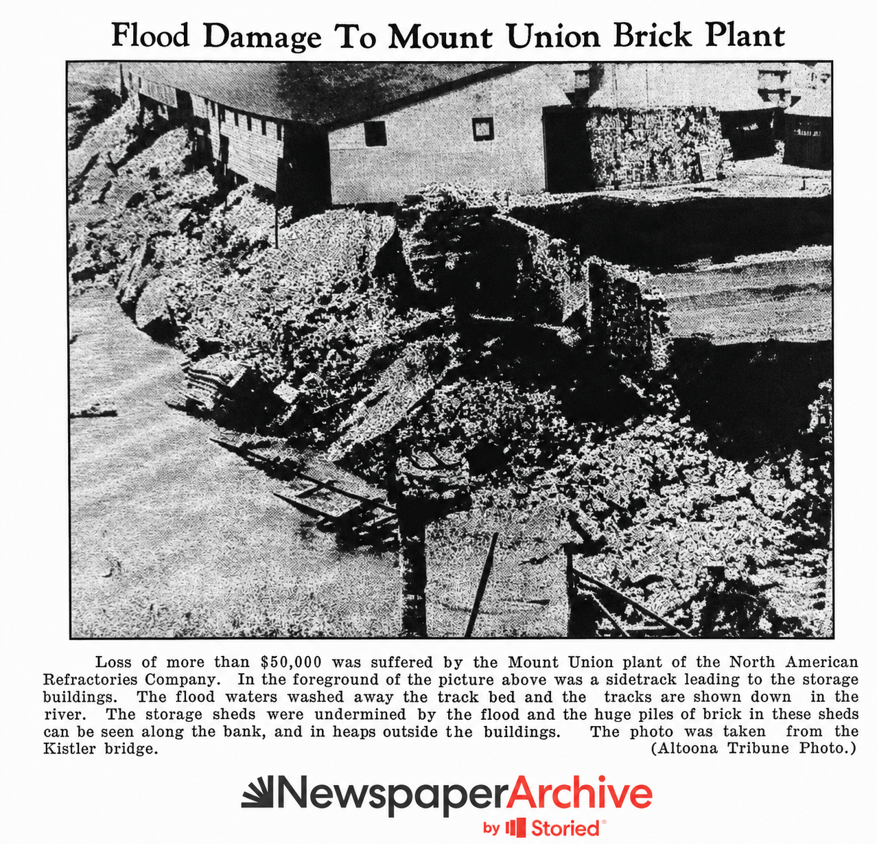 Digitally cleaned newspaper photograph showing flood damage, displaced railroad tracks and scattered brick at North American Refractories in Mount Union in March 1936