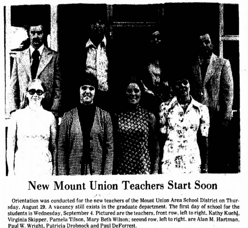 Eight new Mount Union teachers in 1974; Alan Hartman stands at the far left in the back row