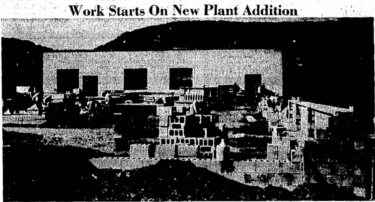 Construction of the factory addition, published May 4, 1962, p. 6.