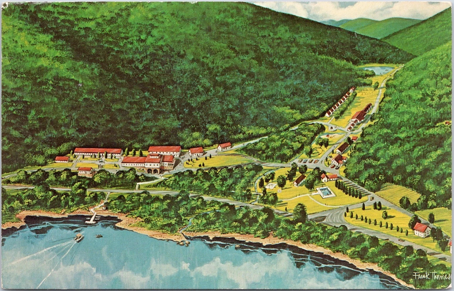 Frank Thomas bird's-eye postcard illustration of the Beacon Lodge grounds beside the water