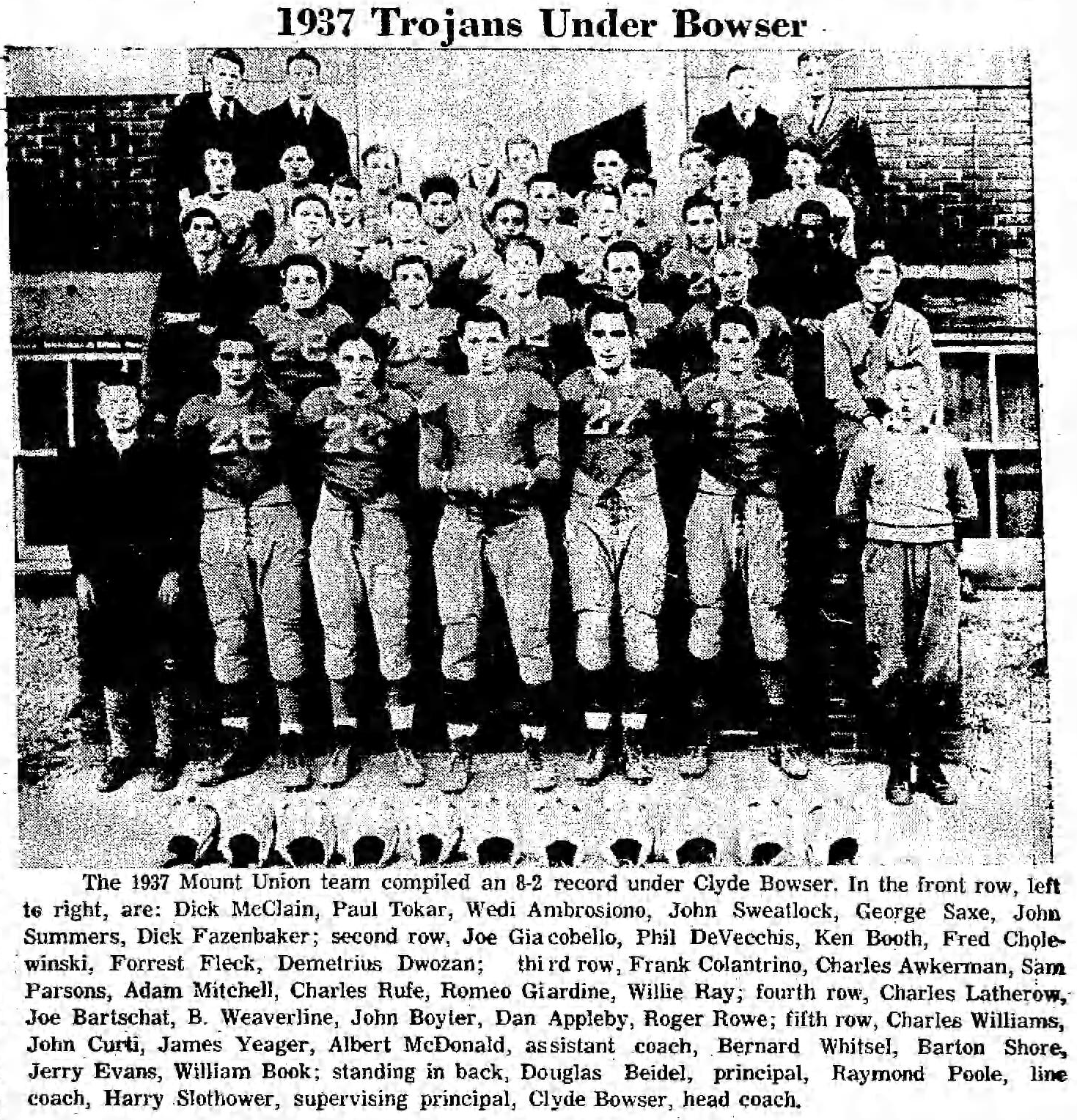 1937 Mount Union Trojans with the original newspaper identification caption; John Sweatlock is fourth from left in the front row