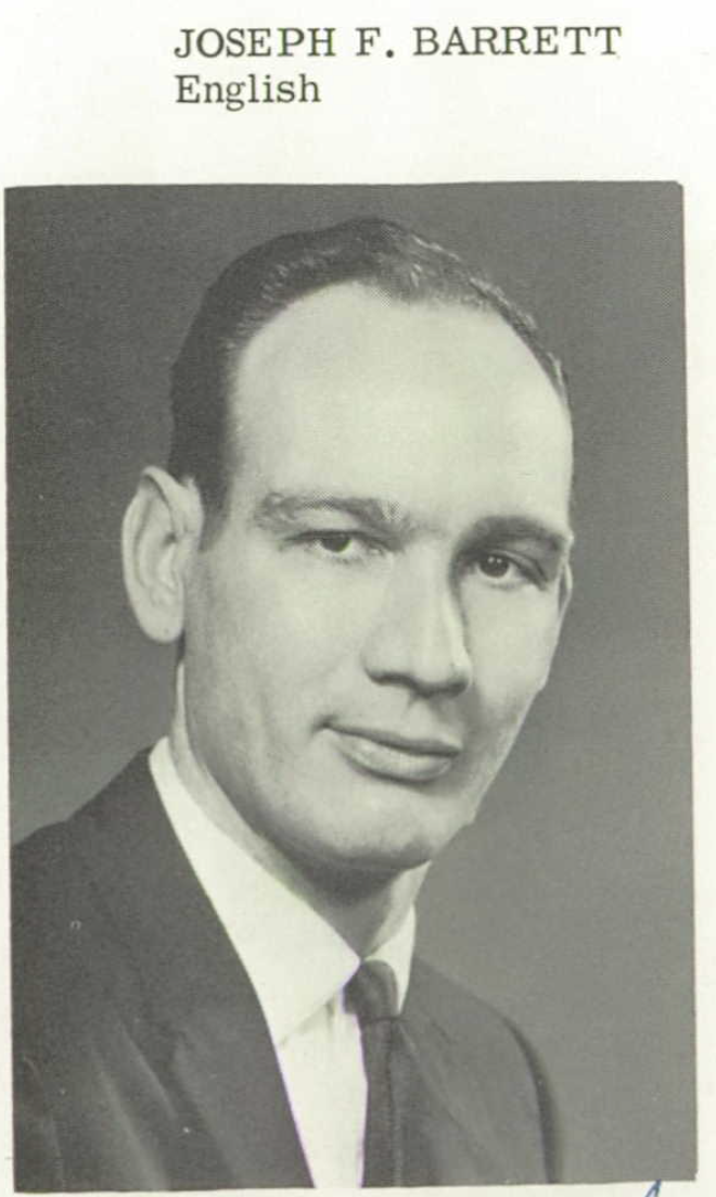 Black-and-white yearbook portrait of Joseph F. Barrett, an English teacher
